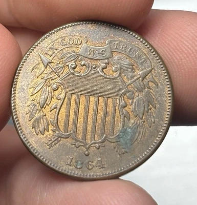 1864 Two Cent Piece Large Motto UNC Uncirculated RB Red Brown Details Luster #2 - Image 1 of 2