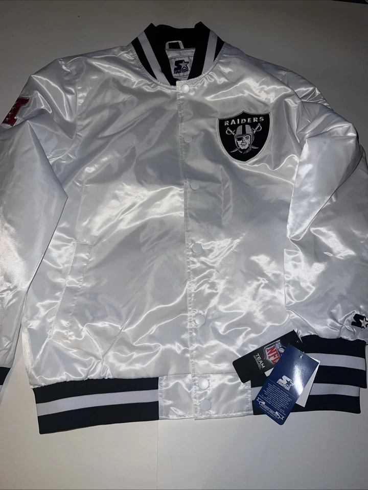 Jaqueta de Cetim Starter Oakland Raiders Full Snap Tamanho XL Branca NOVA $150 - Imagem 1 de 4