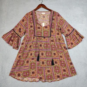 World Market Dress Women's S/M Orange Paisley A-Line Bell Sleeves Tassel Tie NWT - Picture 1 of 19