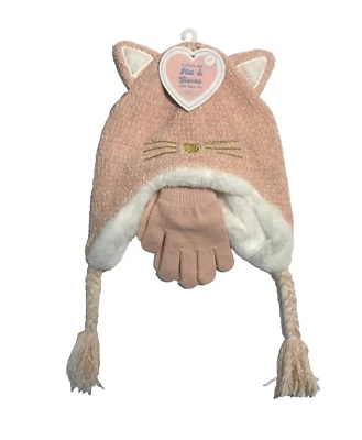 Sombrero y Guantes Capelli New York Niña Pequeño/Mediano (4-6 años) Rosa Tema Gato NUEVO Foto 1 de 4