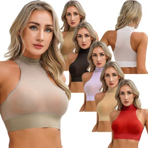 Womens Sheer See-Through Lingerie Vest Mock Neck Sleeveless Tight Vest Crop AU - Picture 1 of 80