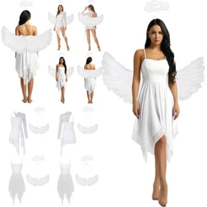 UK Women's Angel Costume White Chiffon Dress with Headband Wings Fancy Dress Up - Picture 1 of 29