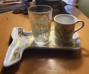 Set tazza tè caffè ceramica tradizionale turca fatta a mano vassoio e vetro oro blu - Foto 1 di 7