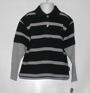 Izod Boys 100% Cotton Long Sleeve Striped Rugby Shirt Geen & Gray S/4 NWT