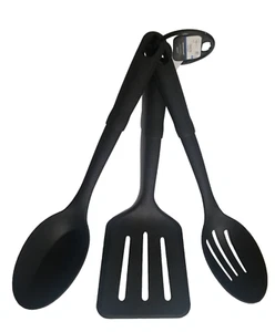 Juego de utensilios de cocina 3 piezas espátula ranurada negra cuchara ranurada y cuchara sólida nailon - Imagen 1 de 5