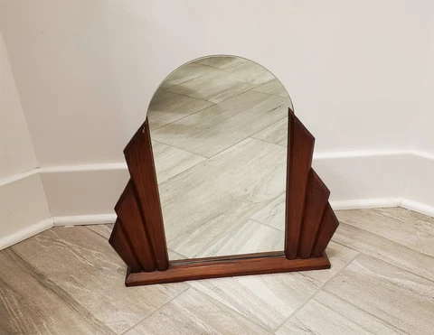 Art Deco Tabletop Mirror - Wood and Glass with Oval Mirror - 17 W x 16.5 H in Cover