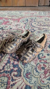 Best Antique Early Primitive Child Leather Brown Green Laced Shoes 5" - Picture 1 of 11