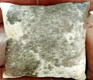 Cowhide Fur Cushion Pillow GREY and Off White GRAY black Leather  COVER handmade - Picture 1 of 14