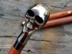 Skull Handle Antique Brass Wooden Vintage Style Walking Stick Designer Cane Gift - Picture 1 of 5