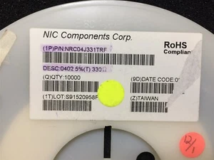 NRC04J331TRF NIC RES Thick Film 0402 330 Ohm 5% SMD T&R ROHS 6200 PIECES - Picture 1 of 1