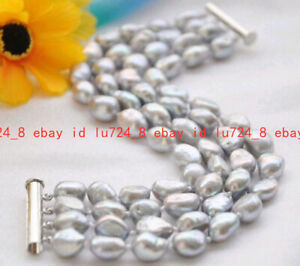 4 Rows Natural 7-8/8-9mm Gray Freshwater Cultured Baroque Pearl Bracelet 7.5"