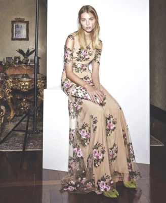 BLUMARINE Beige Tulle Sheer Floral Embroidered Dress Gown 42  6 - Image 1 of 4