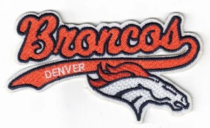 Denver Broncos Script Team Logo NFL Embroidered 4in Iron / Sew-On Patch - Picture 1 of 2