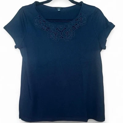 Talbots Tee Black Short Sleeve Floral Embroidered Neckline Medium Petite Preppy - Image 1 of 4
