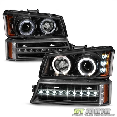 Faros LED halo negros para Chevy Silverado 1500 2500 2003-2006 + lámparas de parachoques LED DRL Foto 1 de 4