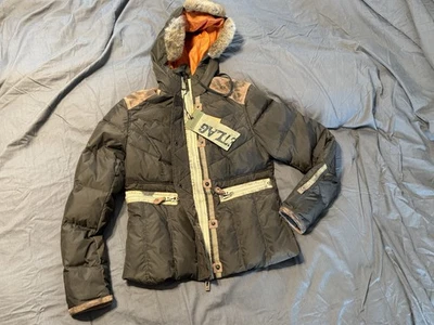 Jet Lag Down Jacket Women L Fur Trim Leather Vintage Y2K Military Puffer Coat - Image 1 of 4