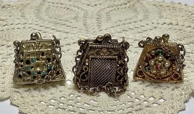 Lote de 3 Monederos Monederos Chateaine Antigua Miniatura De Colección + Diamantes de Imitación Foto 1 de 4