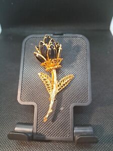 Vintage Gold Tone Flower with Stem,  Metal Glass Bead petals Brooch