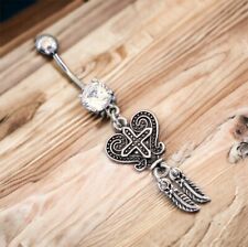 14g front prong white cz dangle burnished heart cross feather belly ring B547