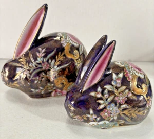 Vintage cloisonne Kutani Moriage set of 2 bunnies/rabbits - Picture 1 of 5