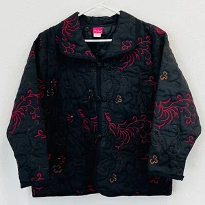 Womens M Du Jour Quilted Jacket Black Floral Embroidery Blazer Frog Fastener - Picture 1 of 5