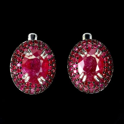 Summer 925 Silver Earrings Oval Ruby Round Ruby Myanmar Gemstone Jewelry - Image 1 of 4