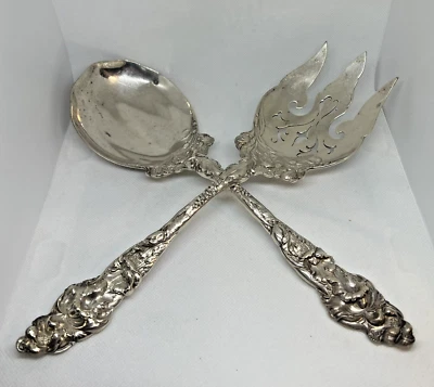 Reed & Barton Les Six Fleurs Sterling 11" Oversize Salad Fork Spoon Set 407g - Image 1 of 4