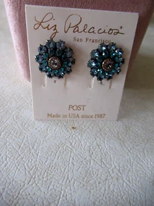 NWT Liz Palacios Large Stud Earrings/Teal Swarovski Crystals/ Center Stone Posts - Picture 1 of 7