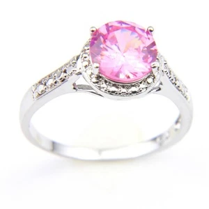 Dainty Pink Oval Kunzite Gems Silver for Women Simple Style Engagement Rings - Picture 1 of 6