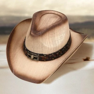 Western Metal Steer Head Band Straw Hat Neutral Brown Cowboy Cowgirl Rodeo Hats - Picture 1 of 2