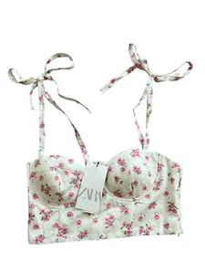 Zara Womens Top L Pink Cropped Corsetry Inspired Floral Sweetheart 3067/106 NWT - Picture 1 of 16