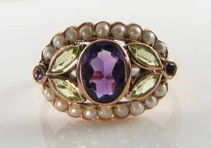 SUFFRAGETTE 9K 9CT ROSE GOLD AMETHYST PERIDOT PEARL ART DECO INS CLUSTER RING - Picture 1 of 5