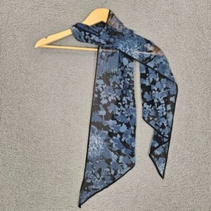 Ann Taylor Scraf Black Blue 100% Silk Chiffon Floral 67x10 in Asymmetric - Picture 1 of 9