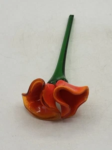 Mundgeblasene Kunstglas Brillant Orange Doppelkopf Blume mit grünem Stiel 9,75" OA - Bild 1 von 8