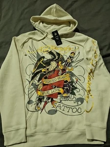 Ed Hardy by Christian Audigier Hoodie Mens Small Ivory Eagle Pierced Heart AOP - Picture 1 of 11