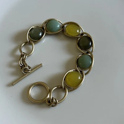 LIA SOPHIA Brushed Gold-tone Light Blue Yellow 7 1/2" Toggle Bracelet EUC - Image 1 of 4