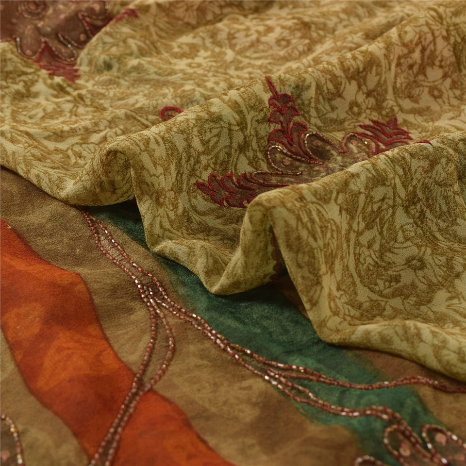 Saris Sánskriti Vintage Multi Bordado Lentejuelas Pura Georgette Sari Tela 5Yd Foto 1 de 4