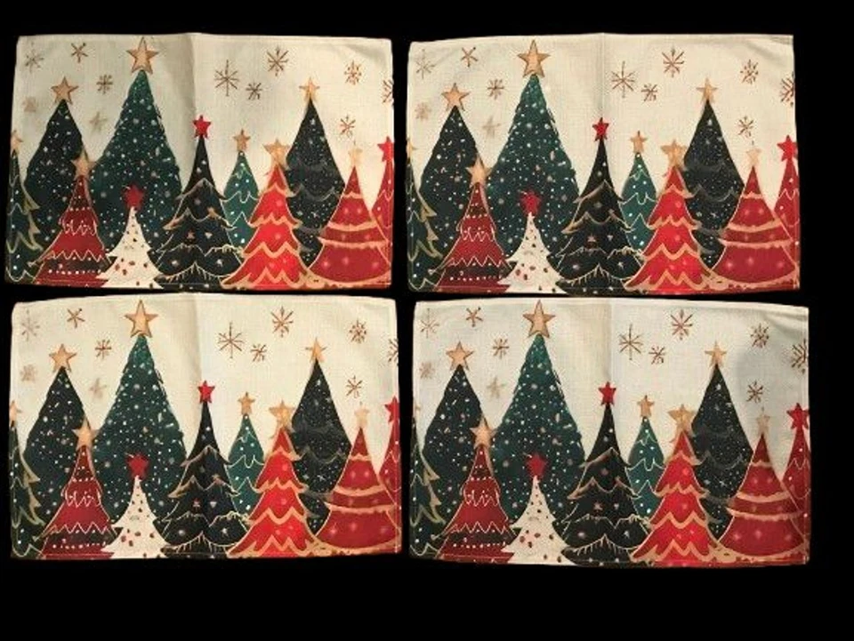 Set of 4 Christmas Placemats 12x18in Woven Polyester Trees NEW - Image 1 of 1