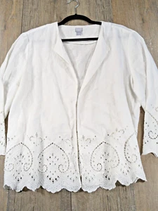 Chicos Linen Cardigan Womens XL White Linen Crochet Trim Breathable Lightweight - Picture 1 of 10