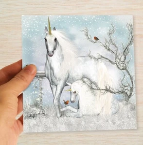 Unicorns Christmas Cards & Packs Mystical White Unicorns Snow Robins Xmas Cards - Picture 1 of 19