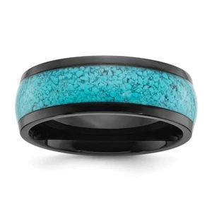 Titanium Polished Black IP-plated with Turquoise Inlay 8mm Band Ring Size 12 - Picture 1 of 5