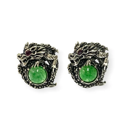 Gemelos estilo victoriano dragón de jade verde con ojos de rubí plata de ley 925 Foto 1 de 4