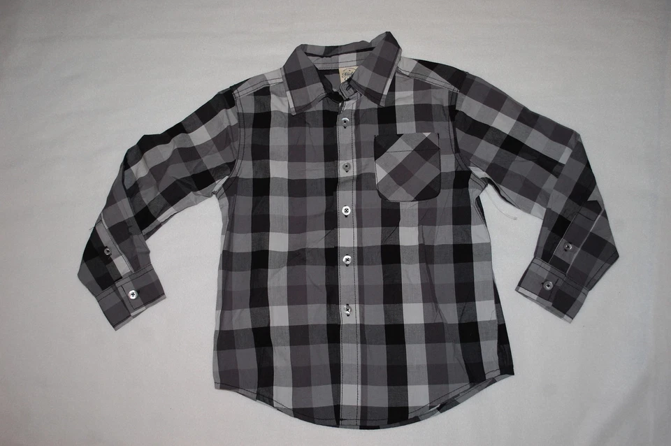 Camisa L/S para niños NEGRA GRIS A CUADROS Botón Frontal LIGERA Bolsillo XS 4-5 Foto 1 de 1