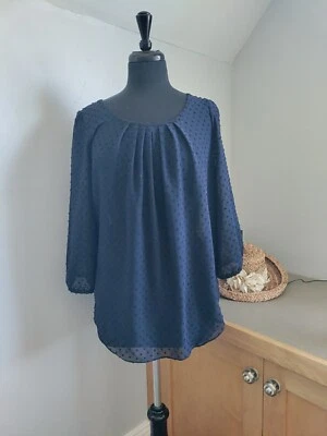 Navy Blue 3/4 Sleeve Scoop Neck Sheer Raised Polka Dot Blouse Top M Flowy Classy - Image 1 of 4