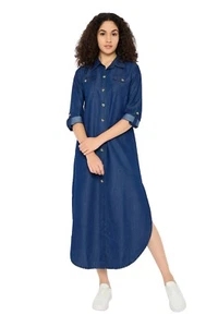 Mujeres Camisa Denim Botón Frontal Manga 3/4 Largo Jean Vestido Cuello Con Bolsillos - Imagen 1 de 8