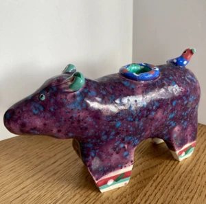 Vintage Folk Art Pottery Whimsical Purple Blue Spotted HIPPO Bird Candle Holder - Picture 1 of 22