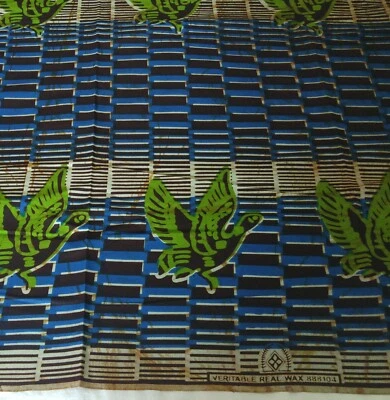 Ankara Veritable Wax African Fabric Blue Brown with Green Birds 47" Wide 6 Yards - Image 1 of 4