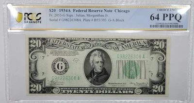 1934 A $20 Federal Reserve Note FRN PCGS 64 PPQ FR.2055-G Green Seal *M60 - Image 1 of 2
