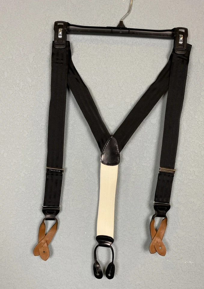 Suspensórios masculinos Trafalgar tamanho único preto branco Y-back couro ponta de botão prata - Imagem 1 de 4