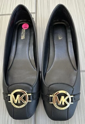 New MICHAEL KORS Black FULTON FLATS Shoe Driving Mocassins Gold MK Logo 9.5 - Image 1 of 4